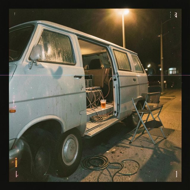 Almost Finished cover: a white van at night, side door open, cables and a folding chair beside it