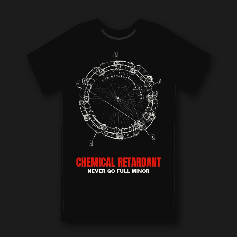Mockup: black tee with John Coltrane's hand-drawn circle large on the front, CHEMICAL RETARDANT in red and NEVER GO FULL MINOR in white underneath