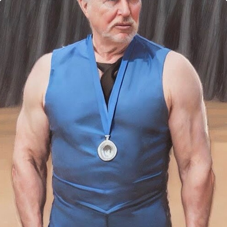 The Manager in a blue sleeveless outfit wearing a medal