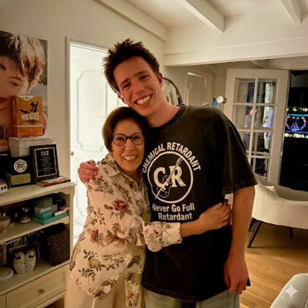 Our bassist in a black Chemical Retardant T-shirt hugging his grandma