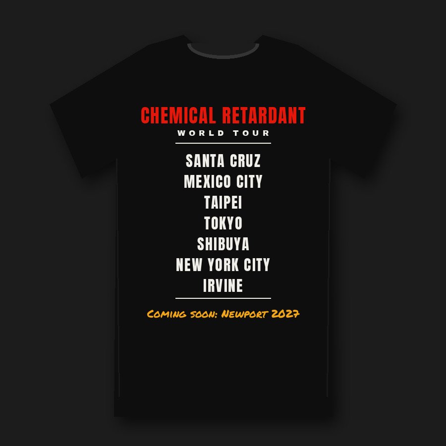 Mockup, back: tour city list, Santa Cruz, Mexico City, Taipei, Tokyo, Shibuya, New York City, Irvine, coming soon Newport 2027