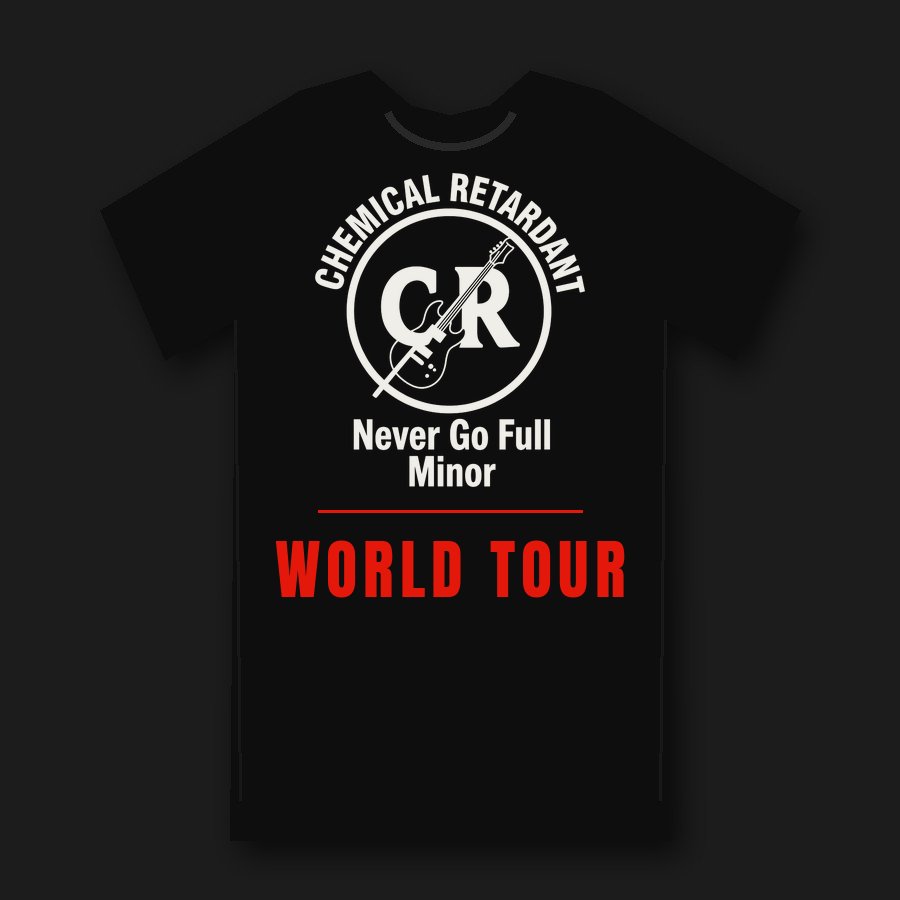 Mockup, front: black tee with the Chemical Retardant logo and WORLD TOUR